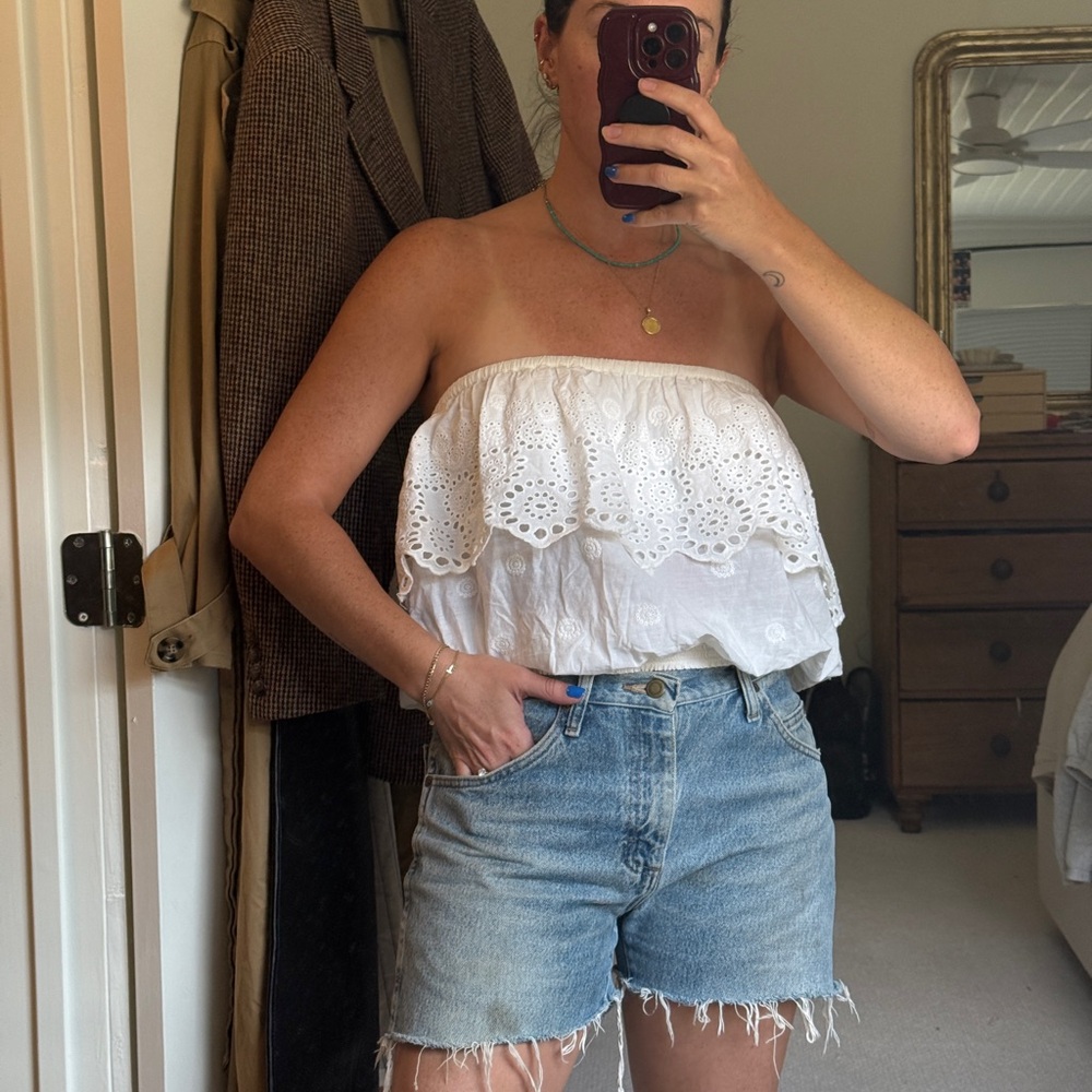 White Strapless Eyelet Ruffle Tube Top Soleil Blue